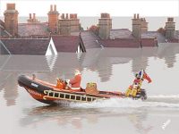 [Santa with lifeboat in flood]